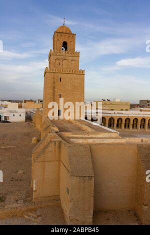Tower of the Great Mosque of Kairouan (aka the Mosque of Uqba), is a mosque situated in Kairouan, Tunisia and is one of the most impressive and larges Stock Photo
