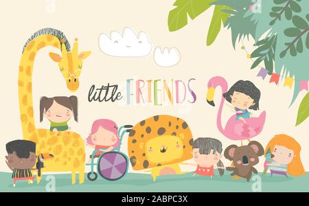 Cute children with cartoon animal. Happy friends Stock Vector