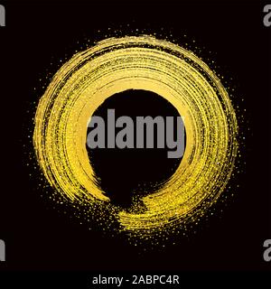 brush stroke golden round frame on black background Stock Vector