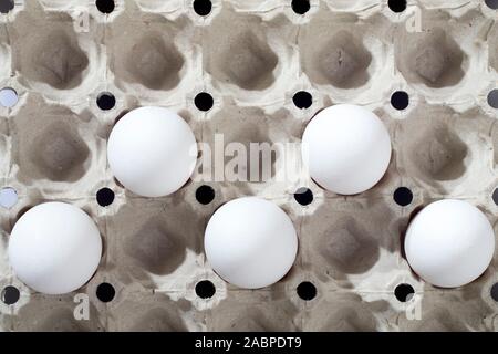 Five chicken eggs in a white cardboard container lie on a beige wooden kitchen table. Stock Photo