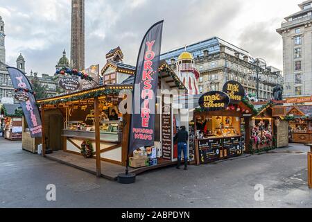 Stalls at Glasgow Christmas Market 2019 in George Square Glasgow Scotland with stalls Stock Photo