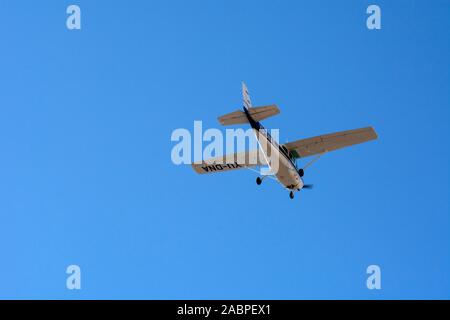 Vrsac, Serbia, September 22, 2019. Manifestation 'The 62nd Grape Harvest'. A small sports plane above town throws out award coupons and grape packages Stock Photo