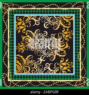 Golden paisley, chains and red crowbar pattern. Colorful flowers background, Shawl, bandanna, scarf, kerchief digital print, Fabric design. Stock Vector