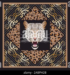 Leopard skin pattern. Golden floral elements on black background. Cheetah head. Animal vector illustration. Bandanna, shawl, scarf, kerchief theme. Stock Vector