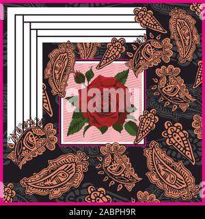 Hand drawn paisley pattern with rose flower. Kerchief, bandanna, shawl, scarf, silk print for fabric. - vector Stock Vector