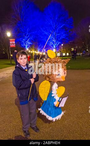 Winchester, Hampshire, UK. 28th November 2019. Crowds flocks to Winchester for the Winchester Christmas Lantern Parade, to show the wonderful lanterns they have created or to watch the parade which starts and finishes at Winchester Cathedral.  Credit: Carolyn Jenkins/Alamy Live News Stock Photo