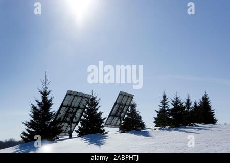 Photovoltaic solar panels on a hilltop with a row of spruce trees as a windbreak in a winter rural setting. Stock Photo