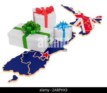 Gift boxes on the New Zealand map. Christmas and New Year holidays in New Zealand concept. 3D rendering isolated on white background Stock Photo