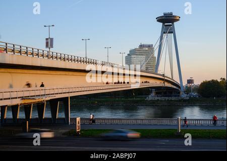 Bratislava, Slovakia. 2019/10/21. The SNP bridge spanning the river Danube in Bratislava. SNP is a Slovak abbreviation for Slovak National Uprising. Stock Photo