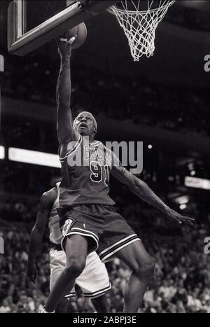 Chicago Bulls Dennis Rodman at the free throw line during basketball game  action against the Boston