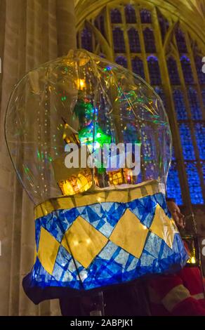 Winchester, Hampshire, UK. 28th November 2019. Crowds flocks to Winchester for the Winchester Christmas Lantern Parade, to show the wonderful lanterns they have created or to watch the parade which starts and finishes at Winchester Cathedral.  Credit: Carolyn Jenkins/Alamy Live News Stock Photo