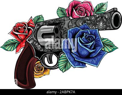 drawing of a gun with colored roses Stock Vector