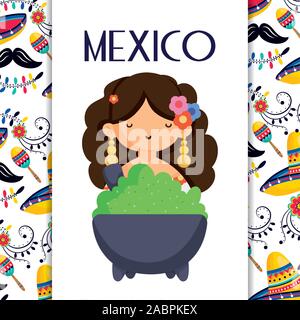 cute woman and guacamole mexican food, traditional celebration design vector illustration Stock Vector