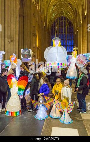 Winchester, Hampshire, UK. 28th November 2019. Crowds flocks to Winchester for the Winchester Christmas Lantern Parade, to show the wonderful lanterns they have created or to watch the parade which starts and finishes at Winchester Cathedral.  Credit: Carolyn Jenkins/Alamy Live News Stock Photo