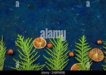 Green coniferous tree branches with slices of dried oranges and hazelnuts on a blue background with copy space. Top view, flat lay. Stock Photo