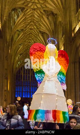 Winchester, Hampshire, UK. 28th November 2019. Crowds flocks to Winchester for the Winchester Christmas Lantern Parade, to show the wonderful lanterns they have created or to watch the parade which starts and finishes at Winchester Cathedral.  Credit: Carolyn Jenkins/Alamy Live News Stock Photo