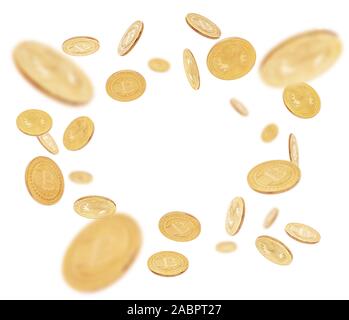Gold cryptocoin Bitcoin explosion. Isolated on white Stock Photo