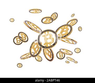 Gold cryptocoin Bitcoin explosion. Isolated on white Stock Photo