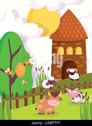 farm animals bull cow bees barn wooden fence grass cards vector ...