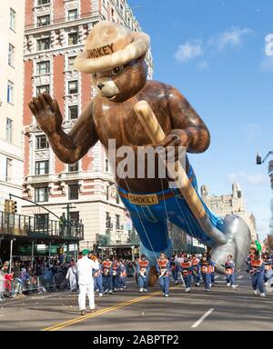 New York, NY - November 28, 2019: Smokey Bear giant balloon flown low because of high wind at 93rd Annual Macy's Thanksgiving Day Parade alone Central Park West Stock Photo