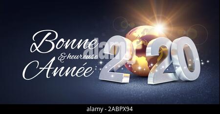 Silver date 2020 composed with a gold planet earth and happy new years greetings in French, glittering on a black background - 3D illustration Stock Photo