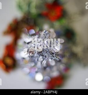 Macro vertical photograph taken from above of the top of a homemade Christmas tree with shallow depth of field. Stock Photo
