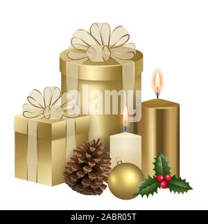 christmas illustration with gold gift boxes, pine cone, christmas ball, candles and holly Stock Vector