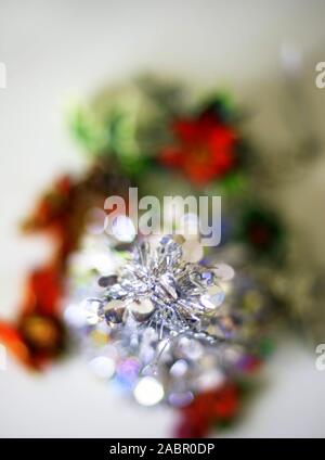 Macro vertical photograph taken from above of the top of a homemade Christmas tree with shallow depth of field. Stock Photo