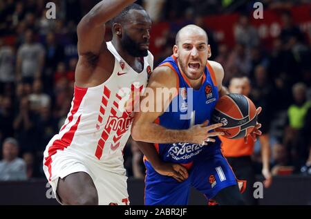 Belgrade. 28th Nov, 2019. Valencia's Quino Colom (R) vies with Crvena Zvezda's Charles Jenkins during regular season round 11 Euroleague basketball match between Crvena Zvezda and Valencia in Belgrade, Serbia on Nov. 28, 2019. Credit: Predrag Milosavljevic/Xinhua/Alamy Live News Stock Photo