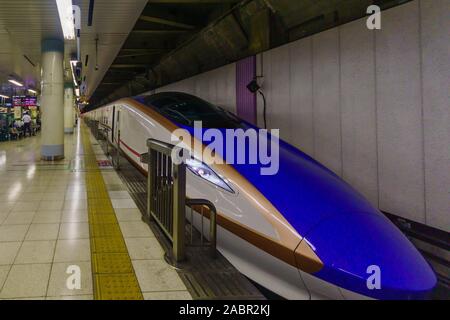 Tokyo, Japan - September 30, 2019: Shinkansen bullet train in Ueno station, with passengers, in Tokyo, Japan Stock Photo