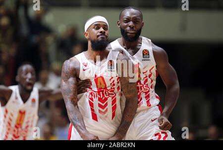 Belgrade. 28th Nov, 2019. Crvena Zvezda's Lorenzo Brown (L) celebrate victory with Charles Jenkins after regular season round 11 Euroleague basketball match between Crvena Zvezda and Valencia in Belgrade, Serbia on Nov. 28, 2019. Credit: Predrag Milosavljevic/Xinhua/Alamy Live News Stock Photo