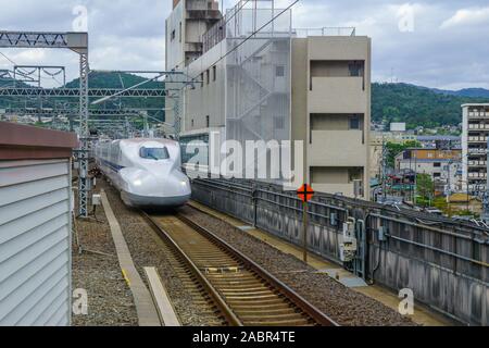 Kyoto, Japan - October 4, 2019: View of the Kyoto station, with Shinkansen bullet trains, in Kyoto, Japan Stock Photo