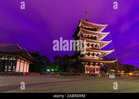 Nara, Japan - October 4, 2019: Night view of the Kofukuji Five Storied Pagoda, it is a Buddhist temple in Nara, Japan Stock Photo