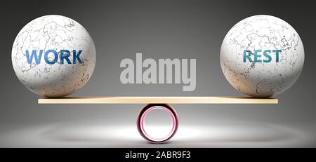 Work and rest in balance - pictured as balanced balls on scale that symbolize harmony and equity between Work and rest that is good and beneficial., 3 Stock Photo