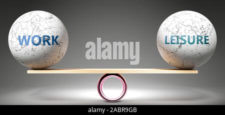 Work and leisure in balance - pictured as balanced balls on scale that symbolize harmony and equity between Work and leisure that is good and benefici Stock Photo