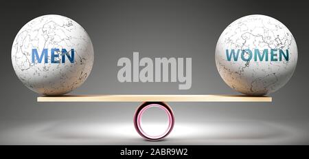 Men and women in balance - pictured as balanced balls on scale that symbolize harmony and equity between Men and women that is good and beneficial., 3 Stock Photo