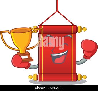 Super cool Boxing winner chinese scrolls in mascot cartoon style Stock Vector