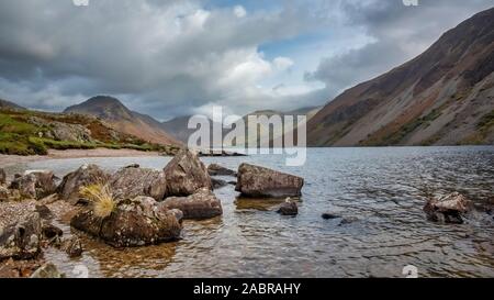 A landscape from the lake district in the UK. It is Wastwater which is located in the western lakes. It shows the mountains in the background Stock Photo