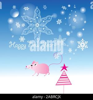 Christmas card with pink mouse on blue background with snowflakes and Christmas tree Stock Vector