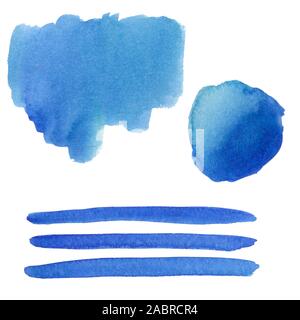 Set of abstract watercolor stains isolated on white background. Hand drawn brush strokes. Blue color splatters. Bright backdrop with copy space for te Stock Photo