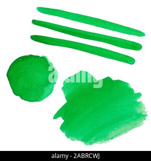 Set of abstract watercolor stains isolated on white background. Hand drawn brush stroke. Green gradient splatter. Bright backdrop with copy space for Stock Photo