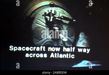 Teleclip - Apollo-Soyuz Test Project - 'Spacecraft now half way across Atlantic...' subtitle; - inside Soyuz 19 capsule moments before docking with Apollo CSM-111 - photo taken directly from color TV screen in the UK - by 'Harry' (the unknown photographer) during the live broadcasts in July 1975.  The Apollo–Soyuz Test Project (ASTP) (Russian: Экспериментальный полёт «Аполлон» – «Союз» (ЭПАС), Eksperimentalniy polyot Apollon-Soyuz, lit. 'Experimental flight Apollo-Soyuz', commonly referred to by the Soviets as Soyuz–Apollo), conducted in July 1975, was the first joint U.S.–Soviet space flight. Stock Photo