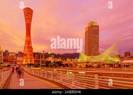 Kobe, Japan - October 11, 2019: Sunset view of the Port, with the Kobe Port Tower and other landmarks, in Kobe, Japan Stock Photo
