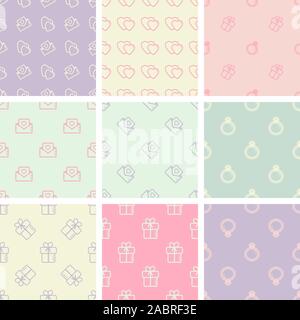 Set of seamless patterns of icons, vector illustration. Symbols of love and marriage in a flat style. Hearts, ring, gift on a pastel color background Stock Vector