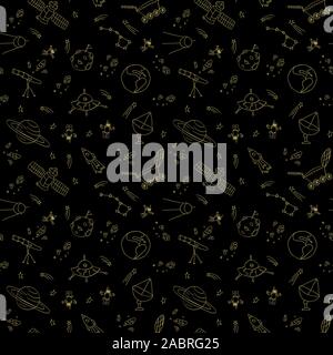 Doodle space seamless pattern. Gold outline cosmic objects on black background. Vecctor illustartion. Stock Vector