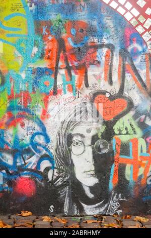 Prague, Czech Republic - October 23, 2014 - The John Lennon wall. Since 1980 this wall has been filled with John Lennon inspired Graffiti. Stock Photo