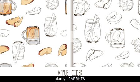 Set of hand drawn vector seamless patterns with popular hot winter drinks. Apple cider. Christmas print. Endless texture. Menu decoration. Cover for p Stock Vector
