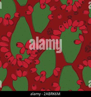 Christmas Edition Opuntia Cactus Plant Line Seamless Pattern on Red Background Stock Vector