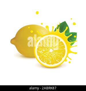 juicy whole lemon and half lemon on white background Stock Vector