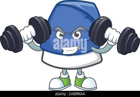 Fitness exercise blue christmas hat cartoon character holding barbells Stock Vector